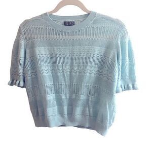Cupcake Light Blue Open Knit‎ Short Sleeve Pointelle Knit Crop Top Size Medium